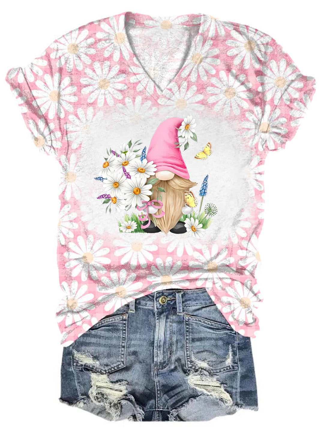 Daisy Floral Gnome Tie Dye V Neck T-shirt