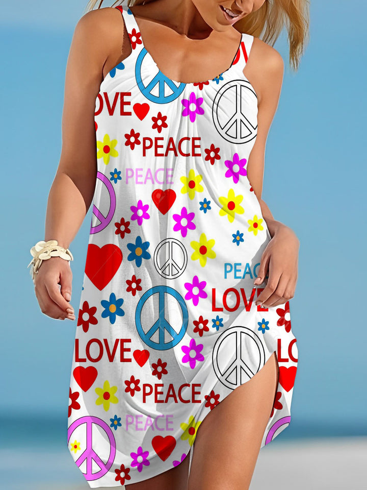 Peace Love Floral Print Sleeveless Dress