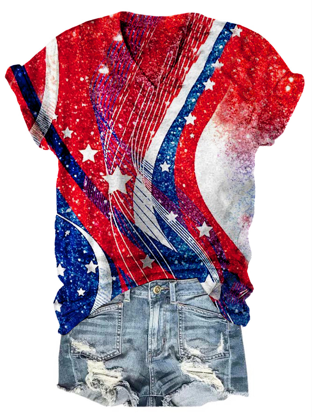 Glitter American Flag Stars Print V Neck T-shirt
