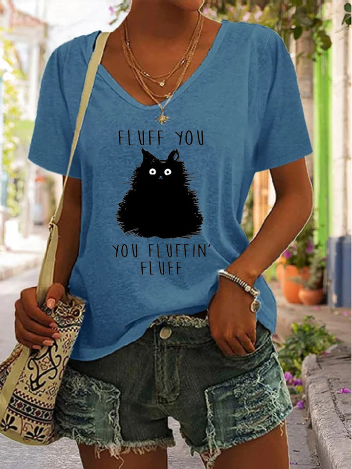 Women's Funny Cat Print V-Neck Solid Color Casual Top