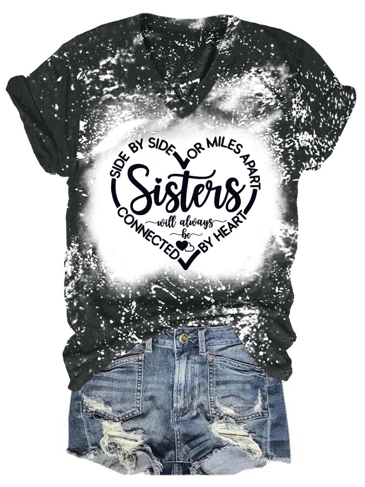 Women's Sisters Print V-Neck Tie-Dye T-Shirt