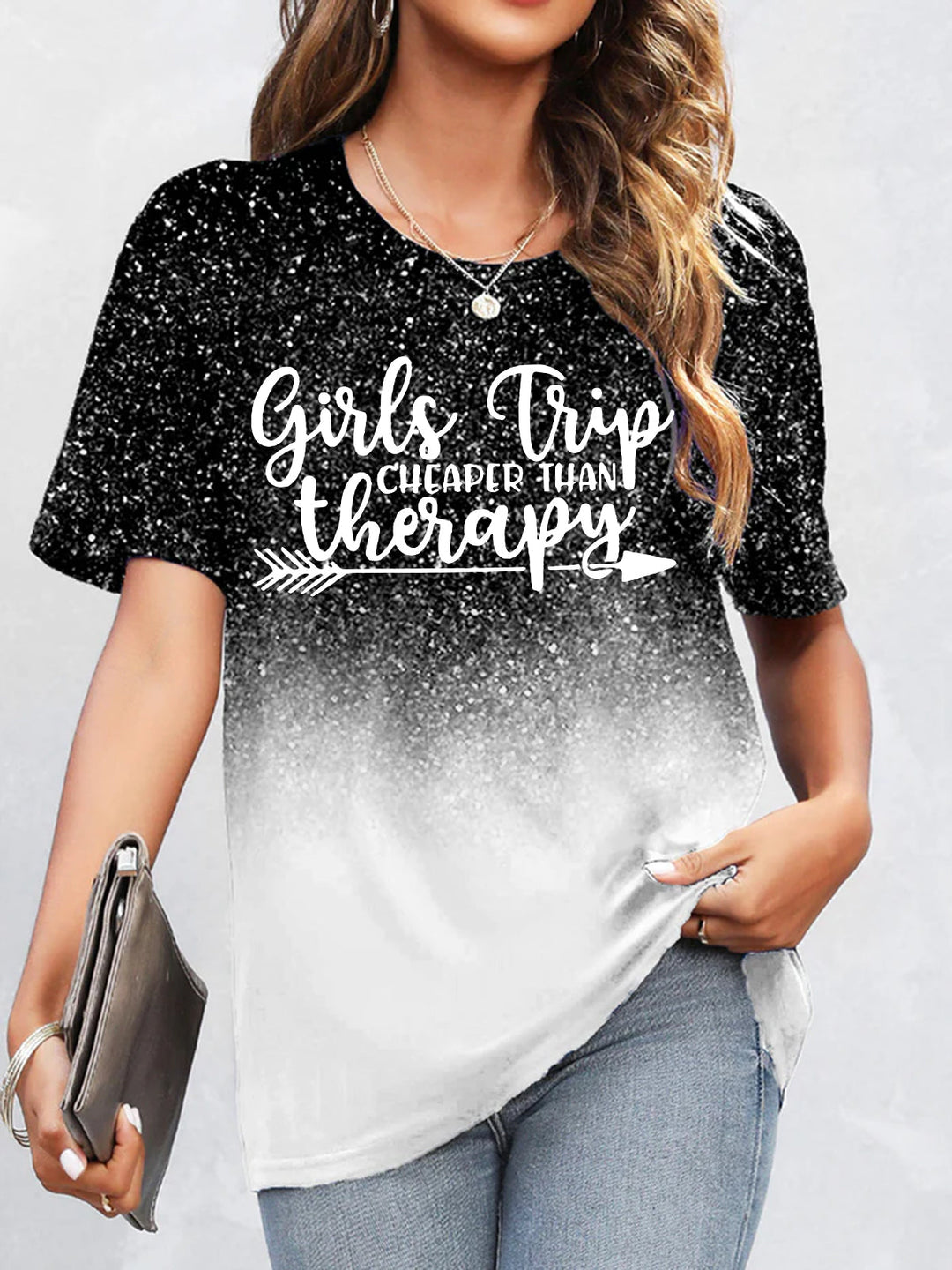 Girls Trip Cheaper Than Therapy Round Neck Glitter Gradient Print T-Shirt