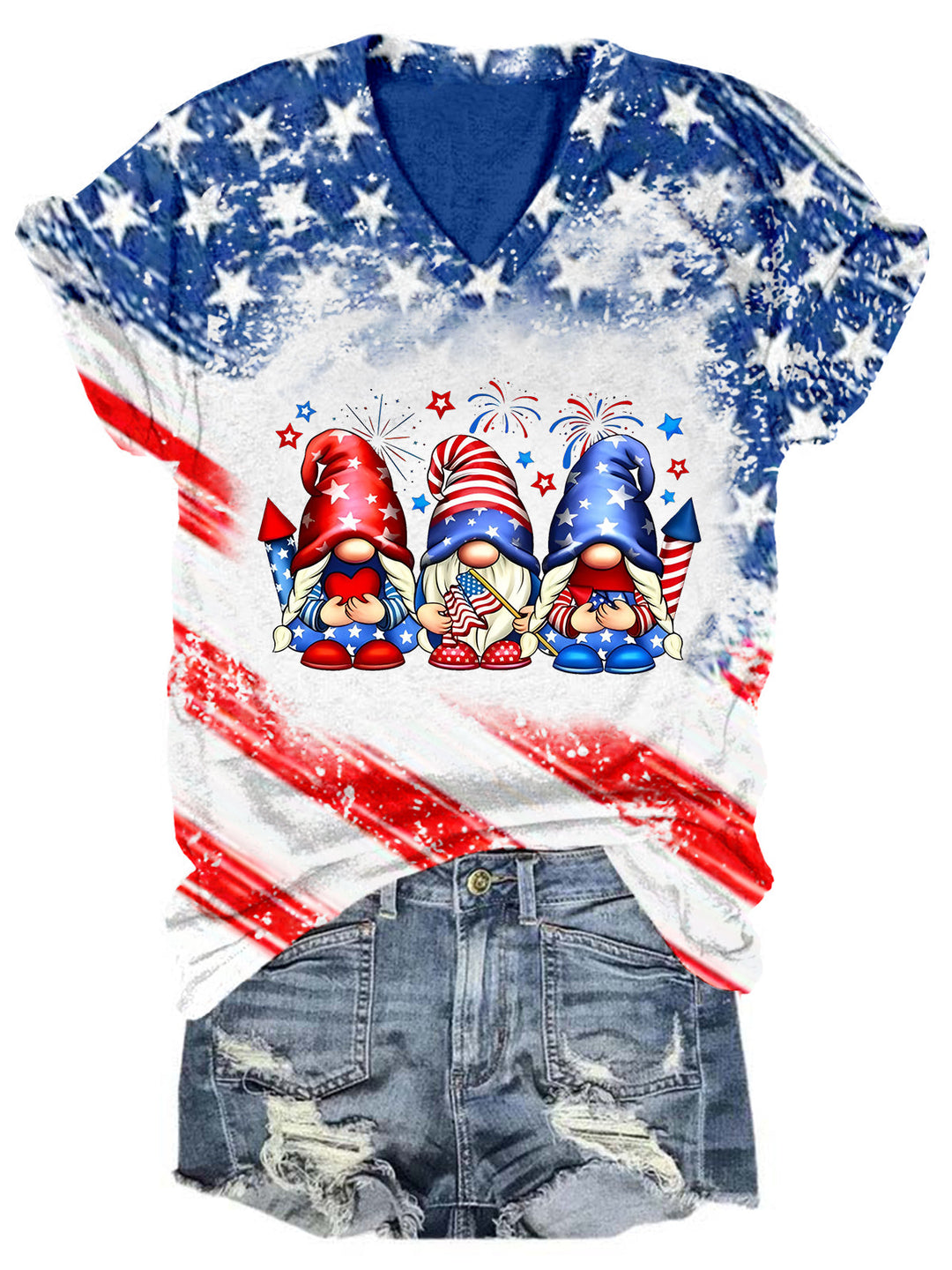 Women's American Flag Gnome Print T-Shirt