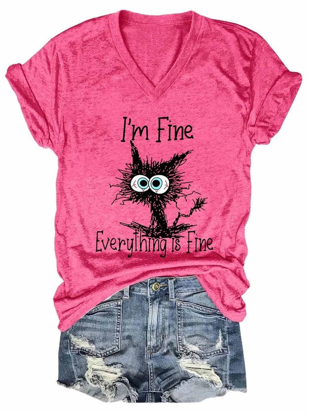 I Am Fine Everything Is Fine Cat Print Shirts&Tops