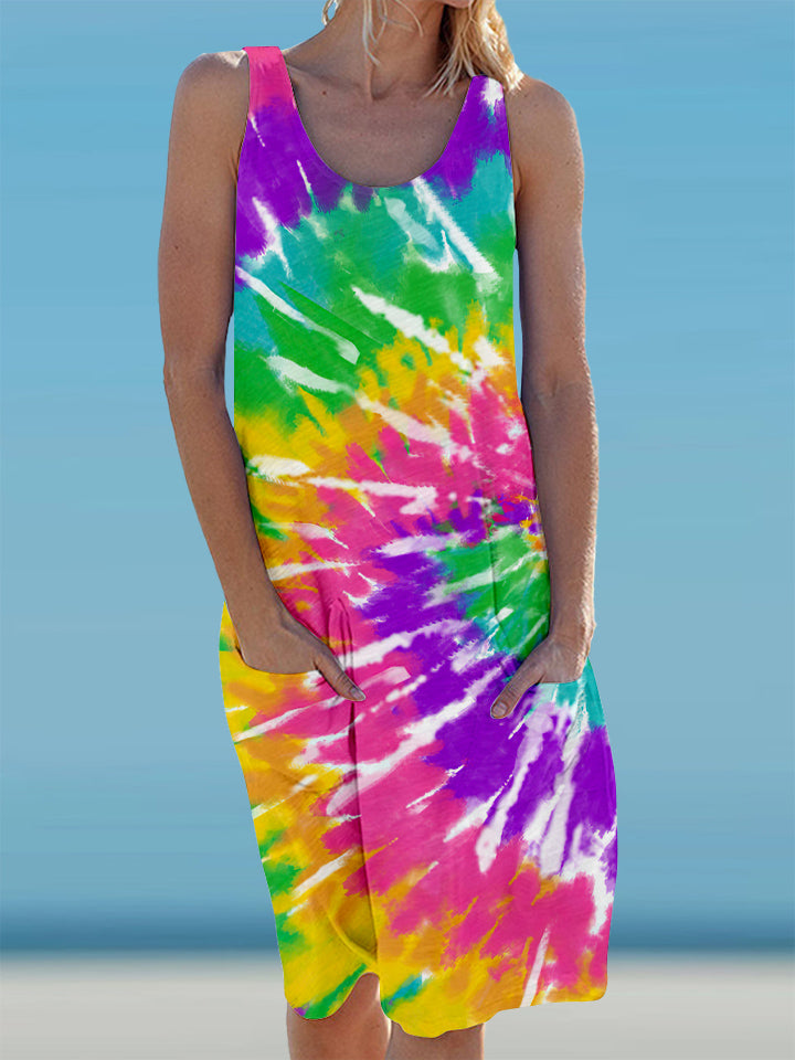 Tie Dye Sleeveless Pocket Dress