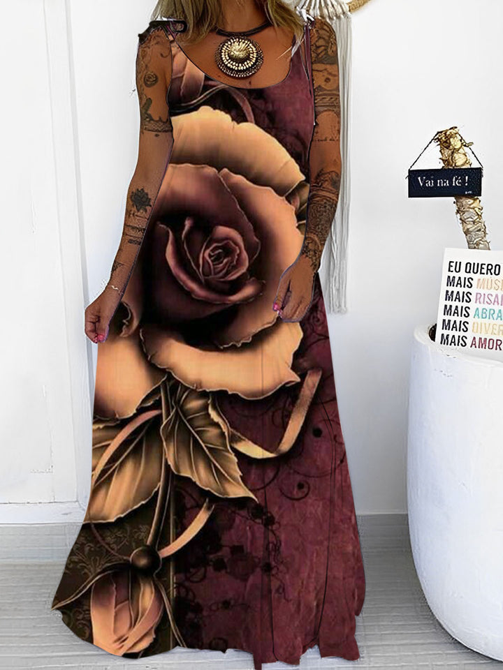 Dark Rose Print Punk Spaghetti Maxi Dress