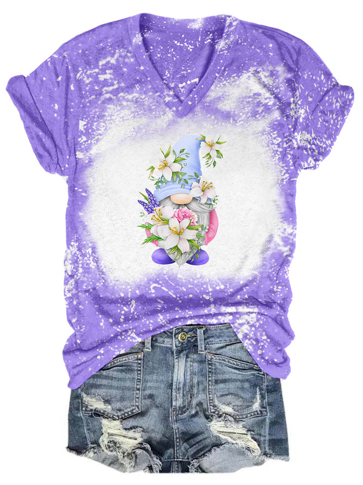 Lily Flower Gnome Tie Dye V Neck T-shirt
