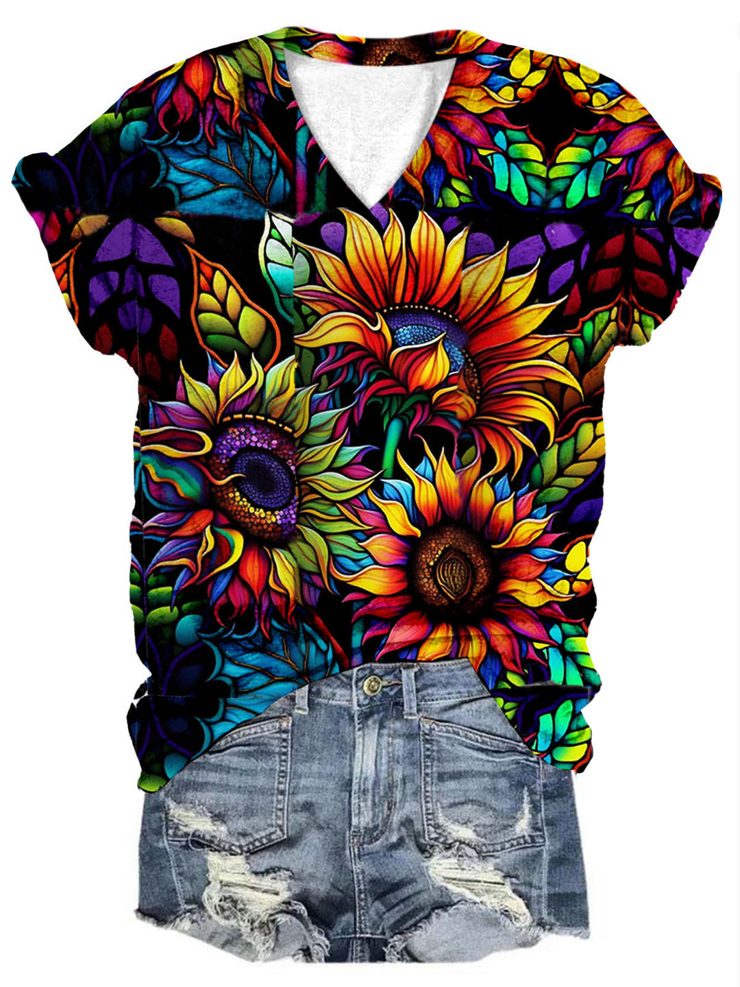 Women's Colorful Sunflower Print V-Neck Top