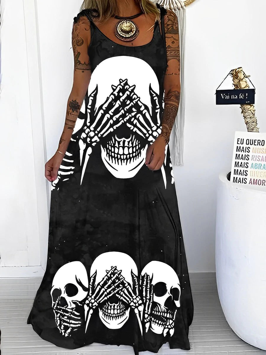 Dia De Muertos Skull Print Plus Size Halloween Maxi Dress