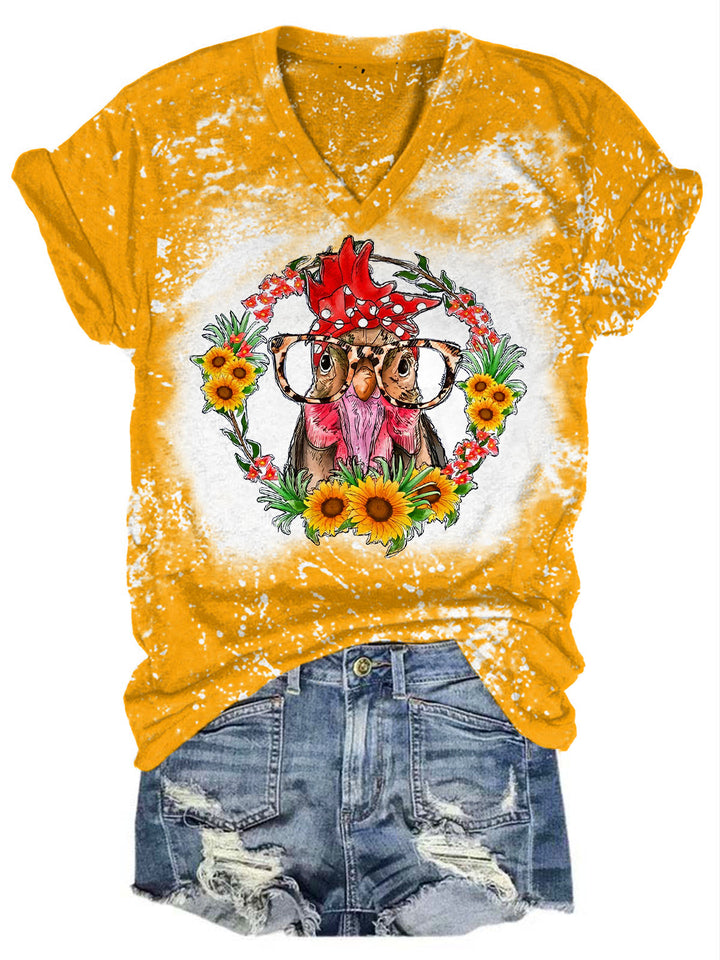Sunflower Chicken Print V-Neck T-Shirt