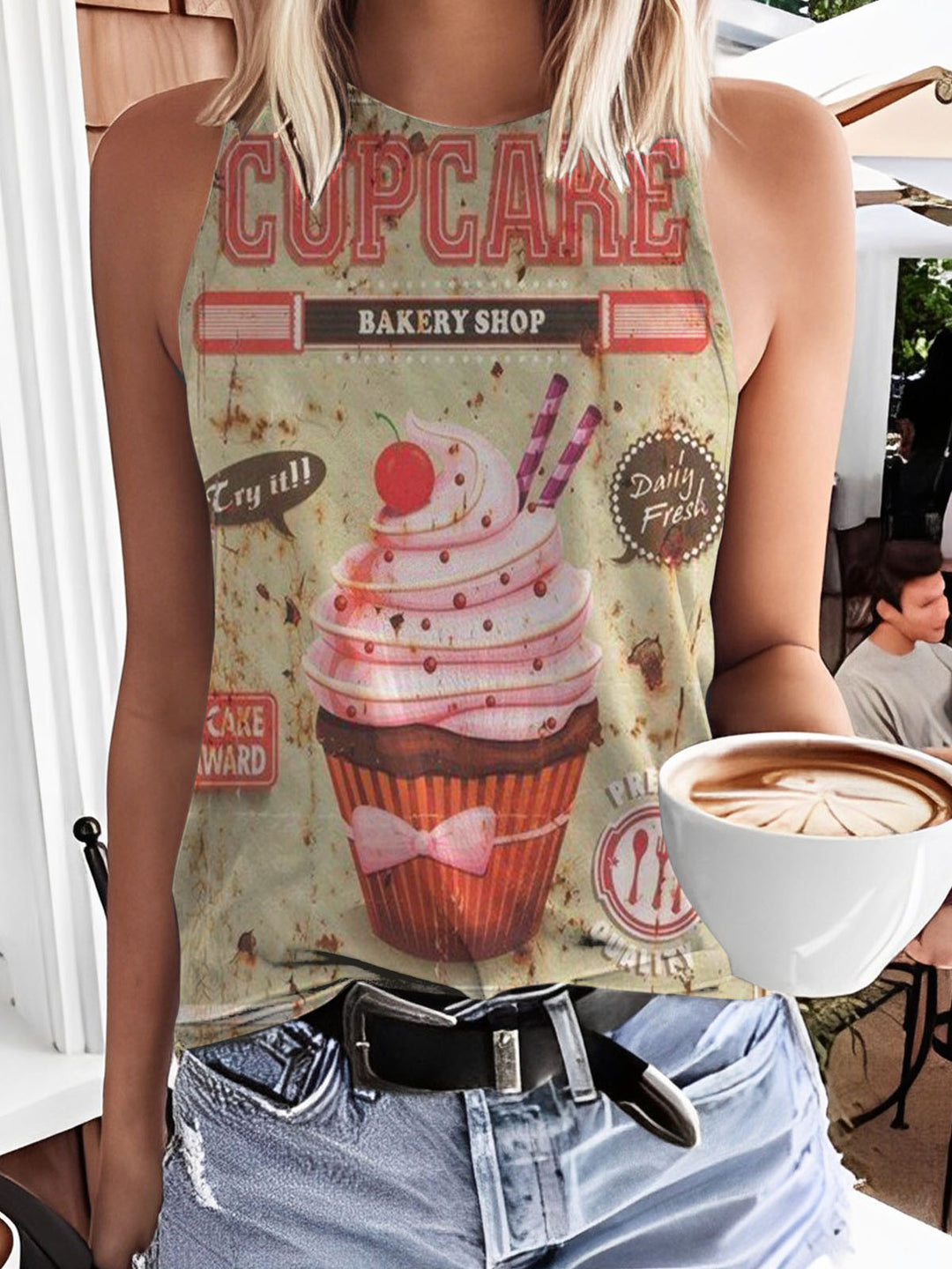 Vintage Cupcakes Print Tank Top