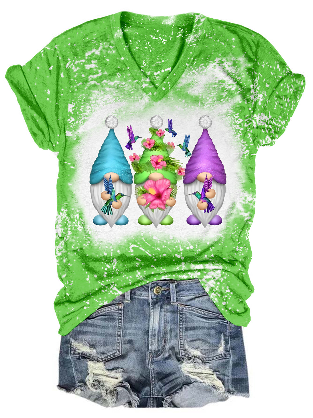 Hummingbird Gnomes Tie Dye V Neck T-shirt