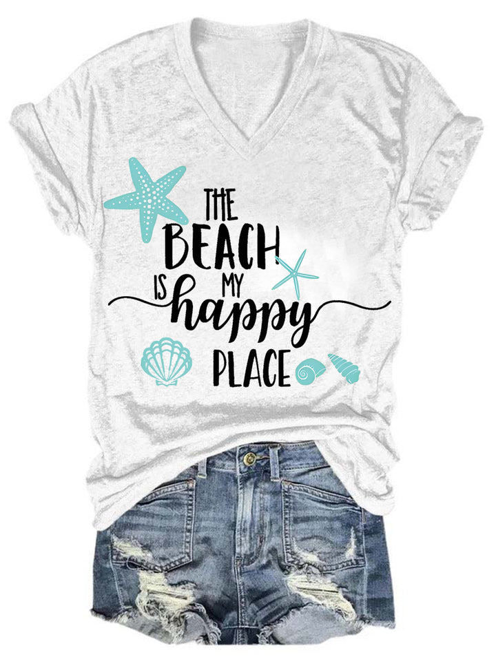 The Beach Is My Happy Place Tie Dye V Neck T-shirt