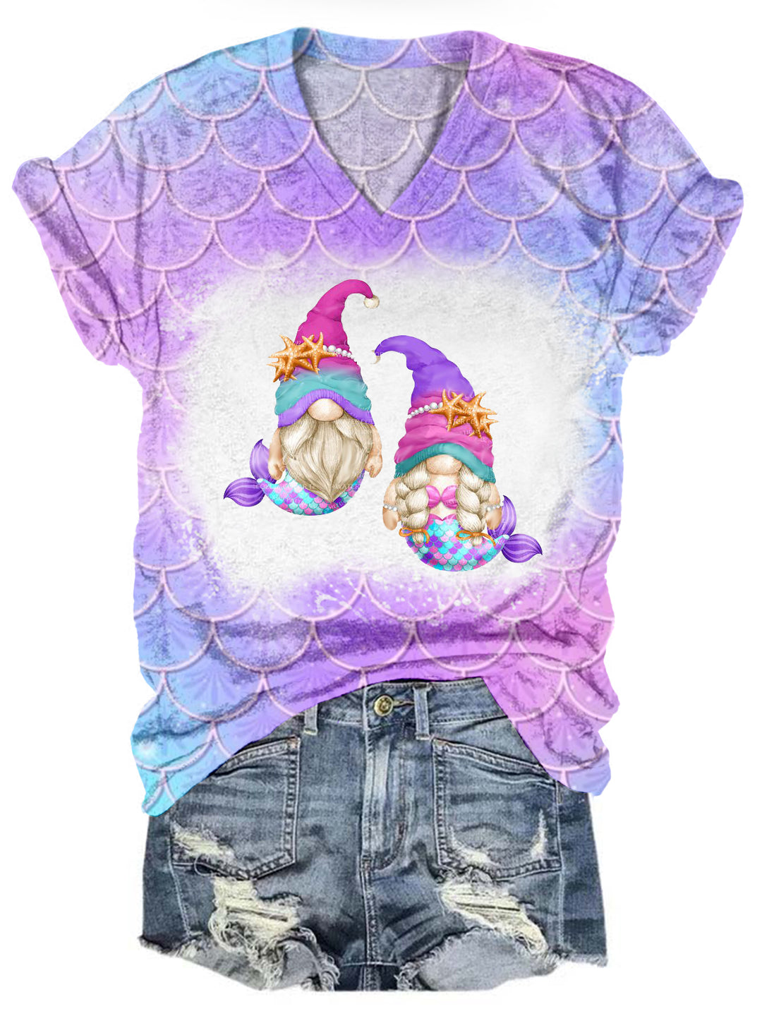 Mermaid Gnomes Tie Dye V Neck T-shirt