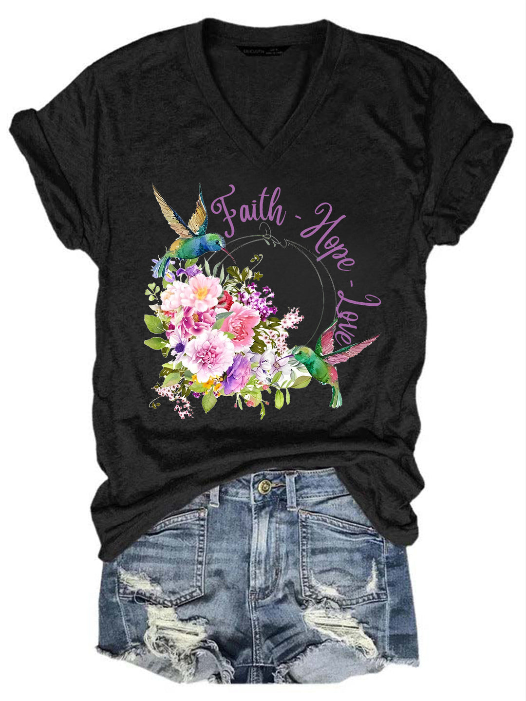 Faith Hope Love Hummingbird Flower V Neck T-Shirt