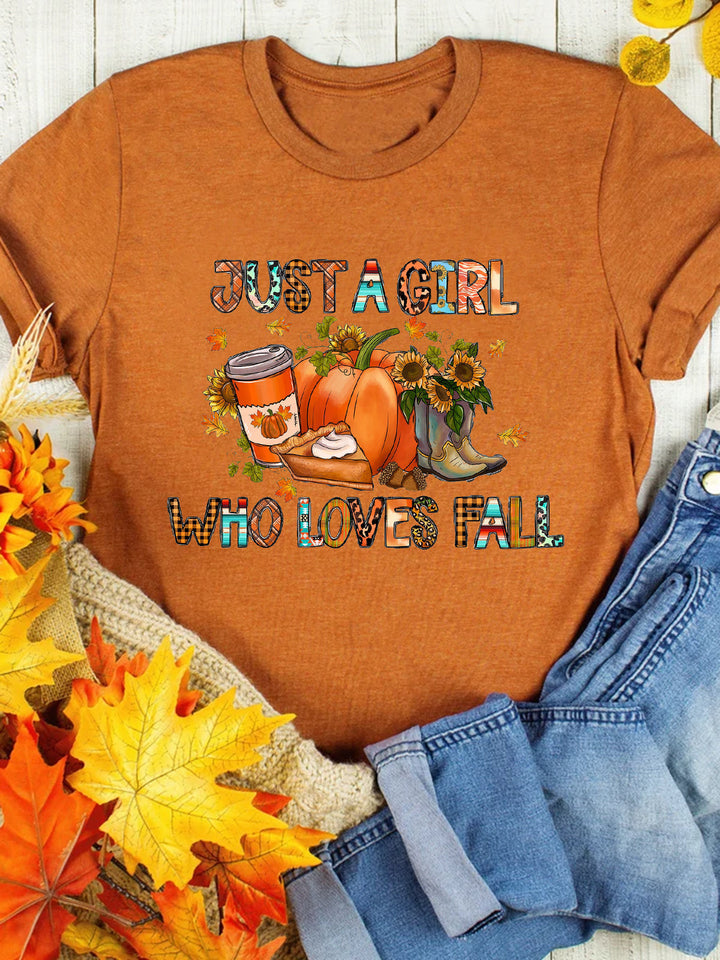 Just a Girl Who Loves Fall Pumpkin Thanksgiving Print Tee