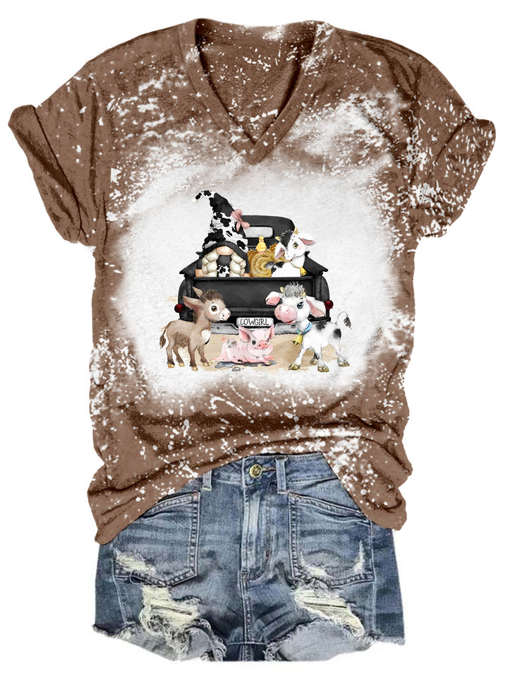 Cow Gnome With Farm Animals Tie Dye V Neck T-shirt