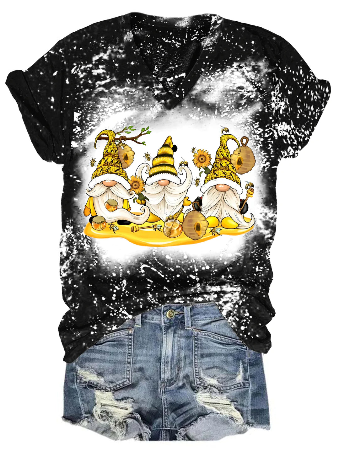 Sunflower Bee Gnome Bleaching V Neck T-shirt