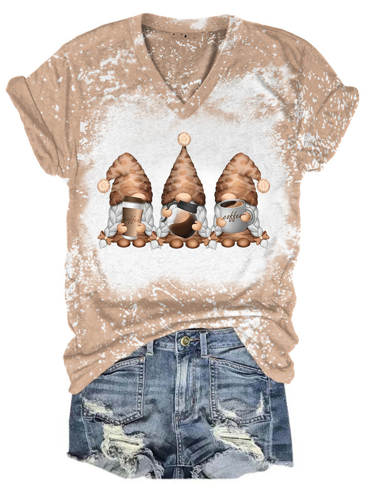 Coffee Girl Gnomes Bleaching V Neck T-shirt