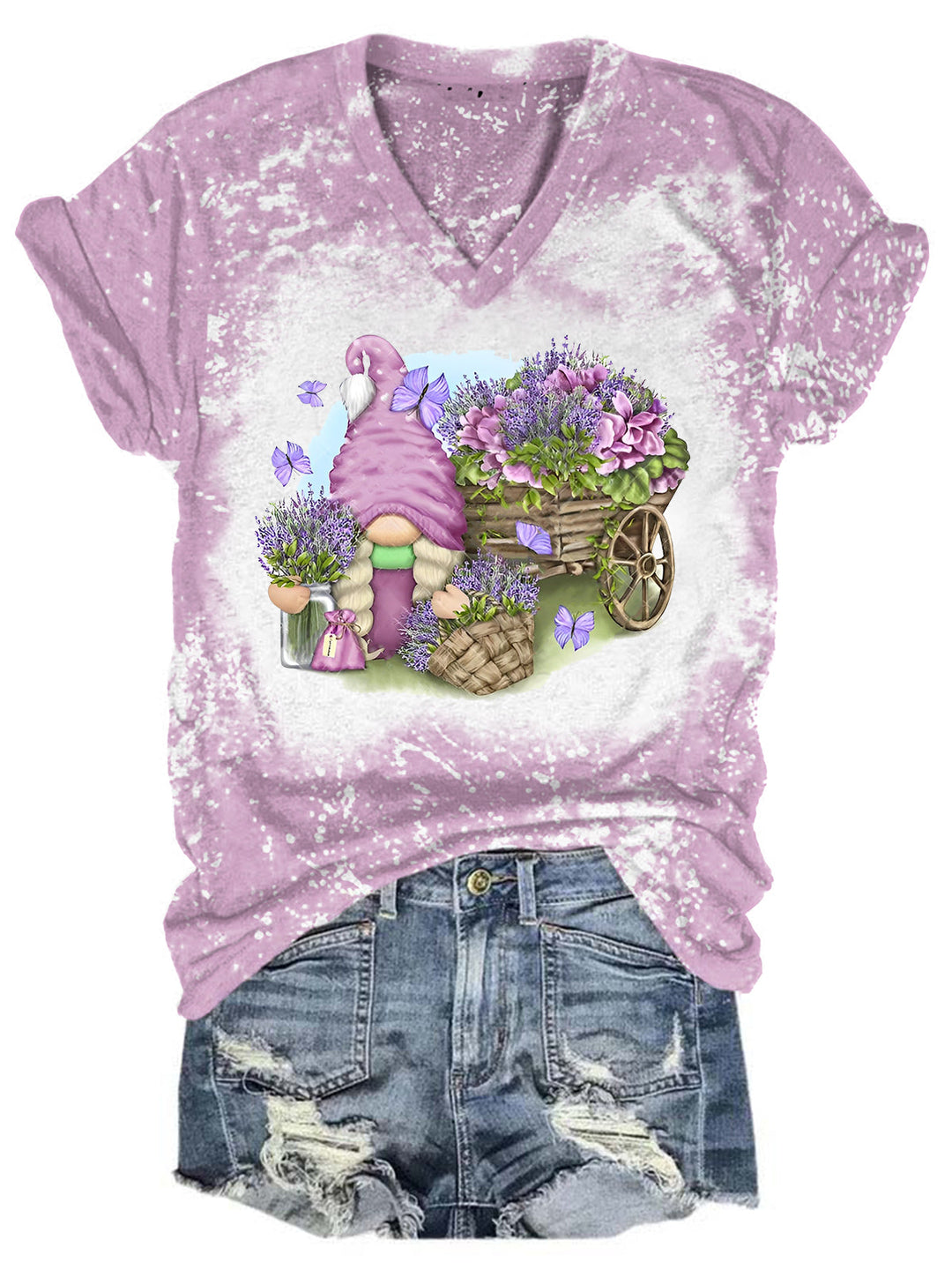 Lavender Gnome Flower  V Neck T-shirt