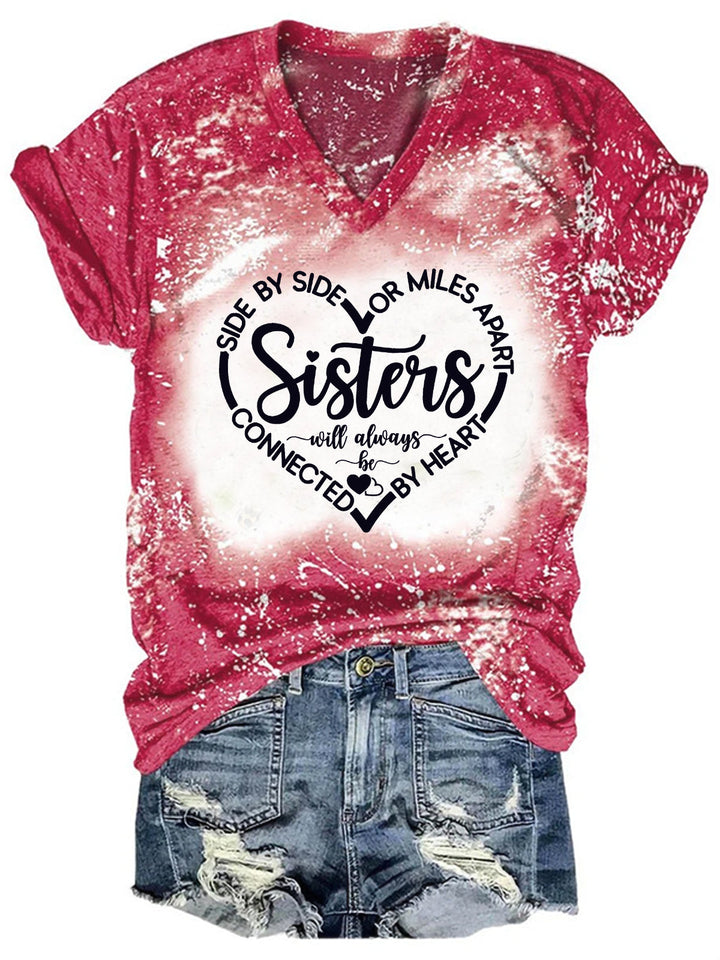 Women's Sisters Print V-Neck Tie-Dye T-Shirt