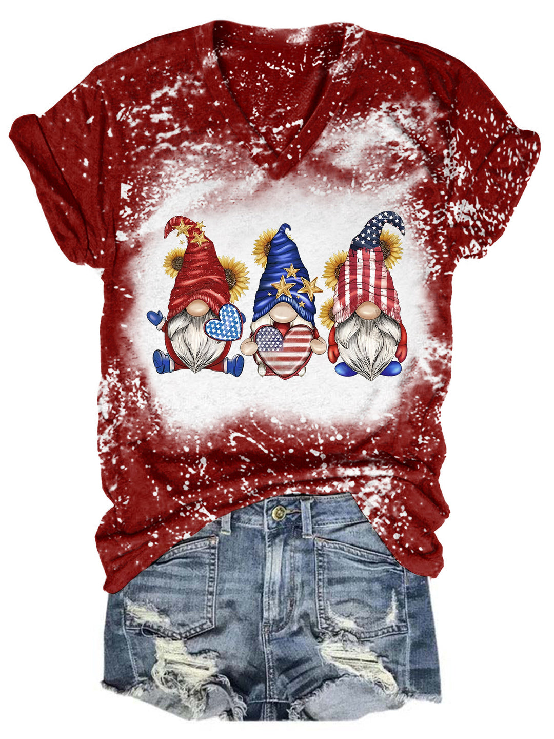 Star Stripe Gnomes Tie Dye V Neck T-shirt