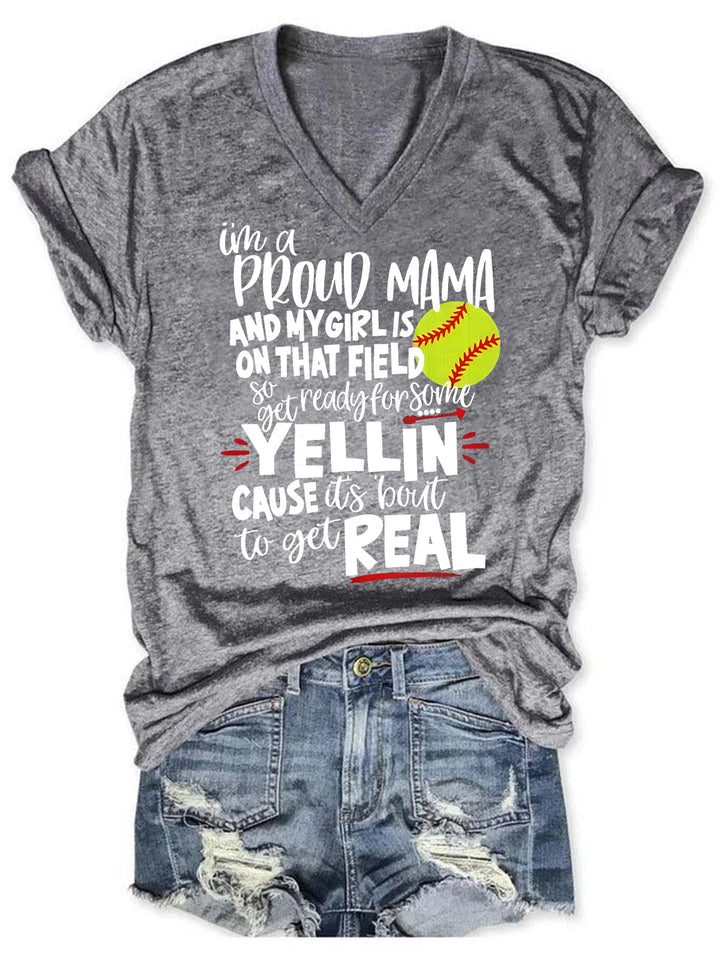 Proud Softball Mama V Neck T-Shirt