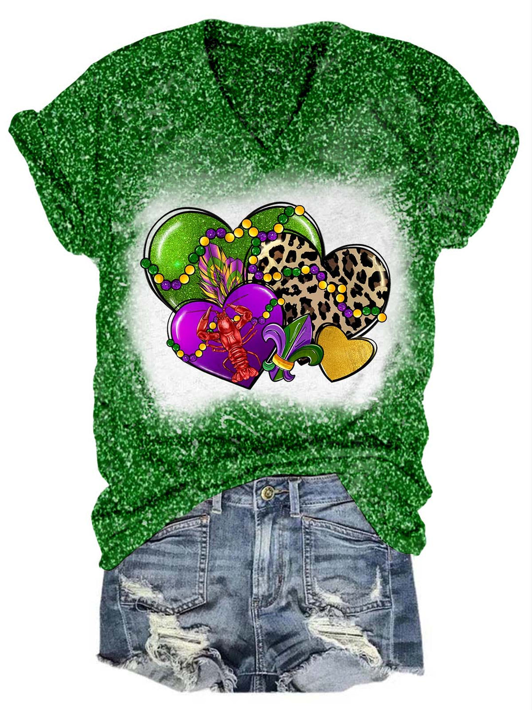 Heart Leopard Mardi Gras Glitter V-Neck T-Shirt