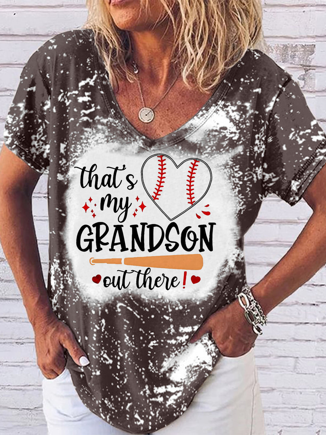 That's My Grandson Out There Baseball Print V Neck T-shirt