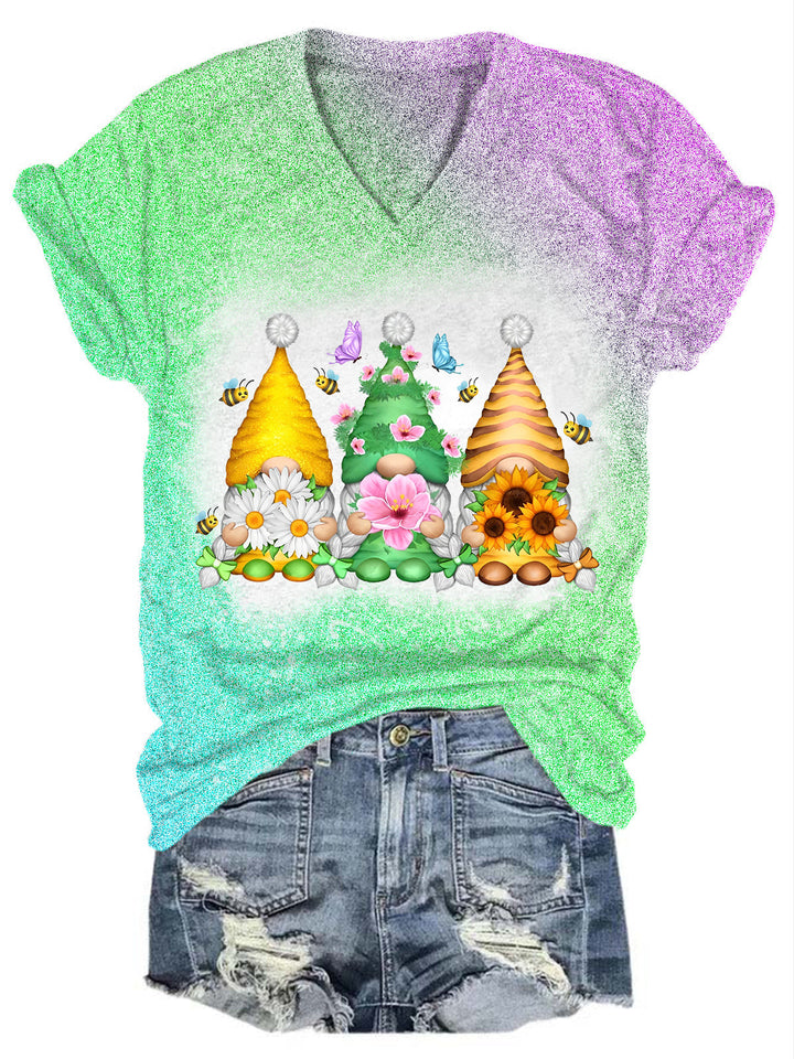 Spring Genius Gnome Gradient Glitter V Neck T-shirt
