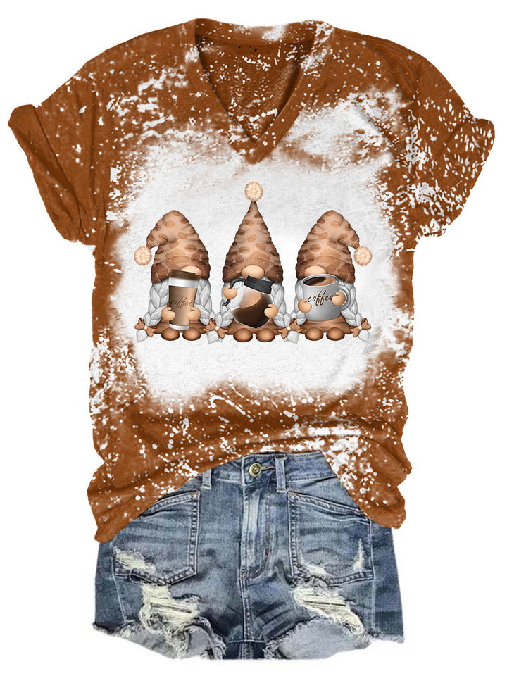 Coffee Girl Gnomes Bleaching V Neck T-shirt