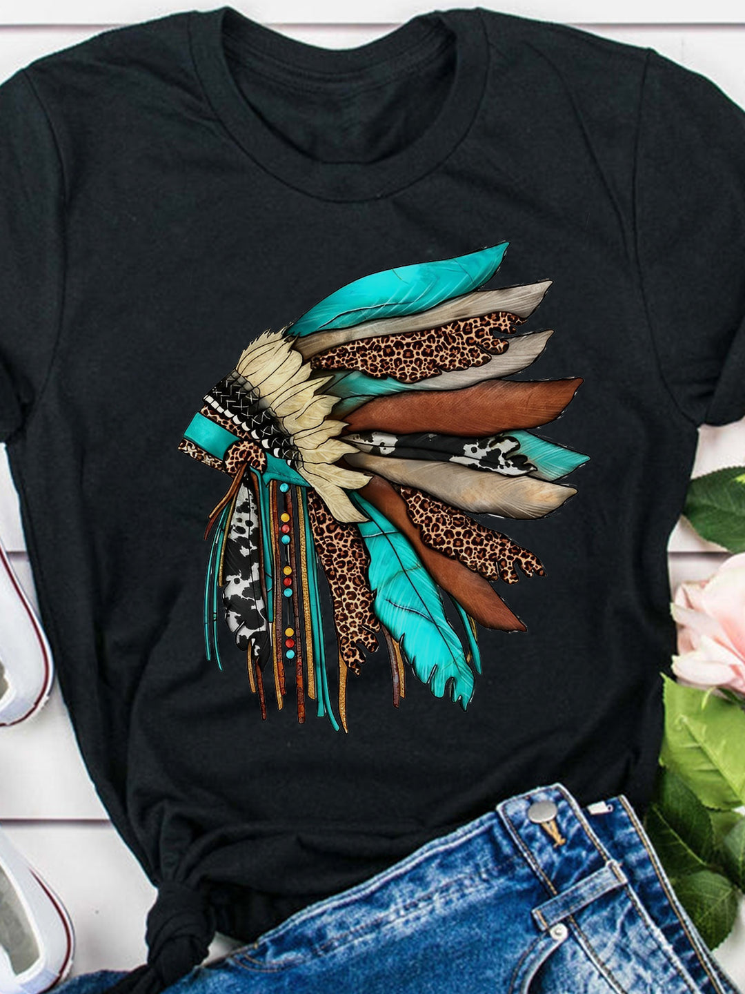 Western Native American Headpiece Print T-Shirt