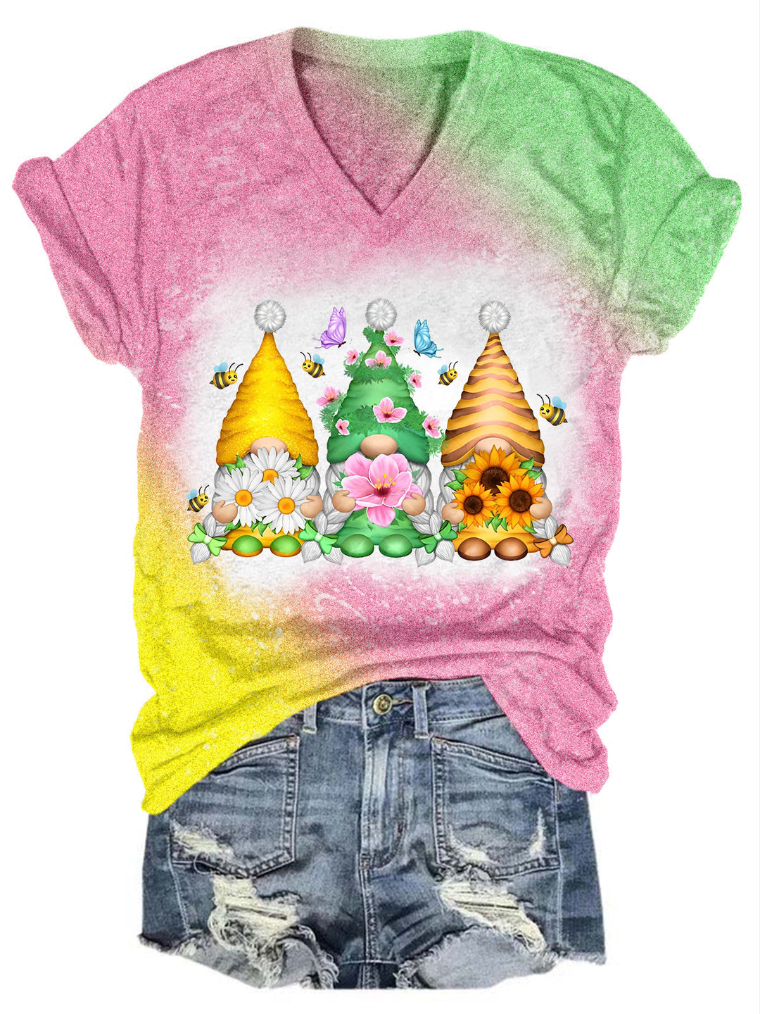 Spring Genius Gnome Gradient Glitter V Neck T-shirt