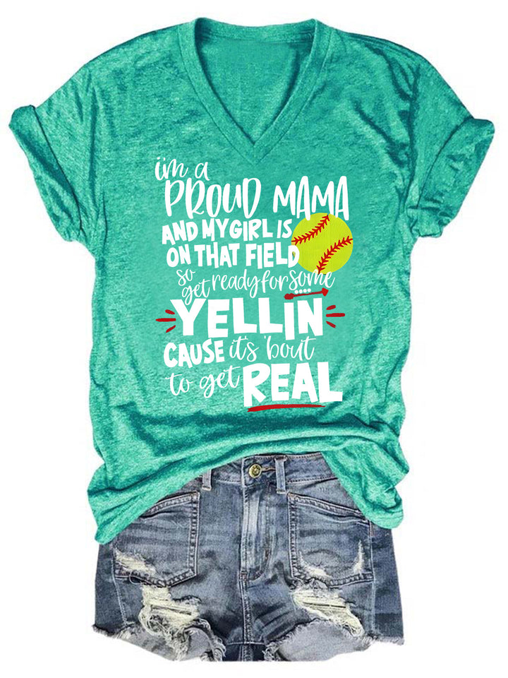 Proud Softball Mama V Neck T-Shirt