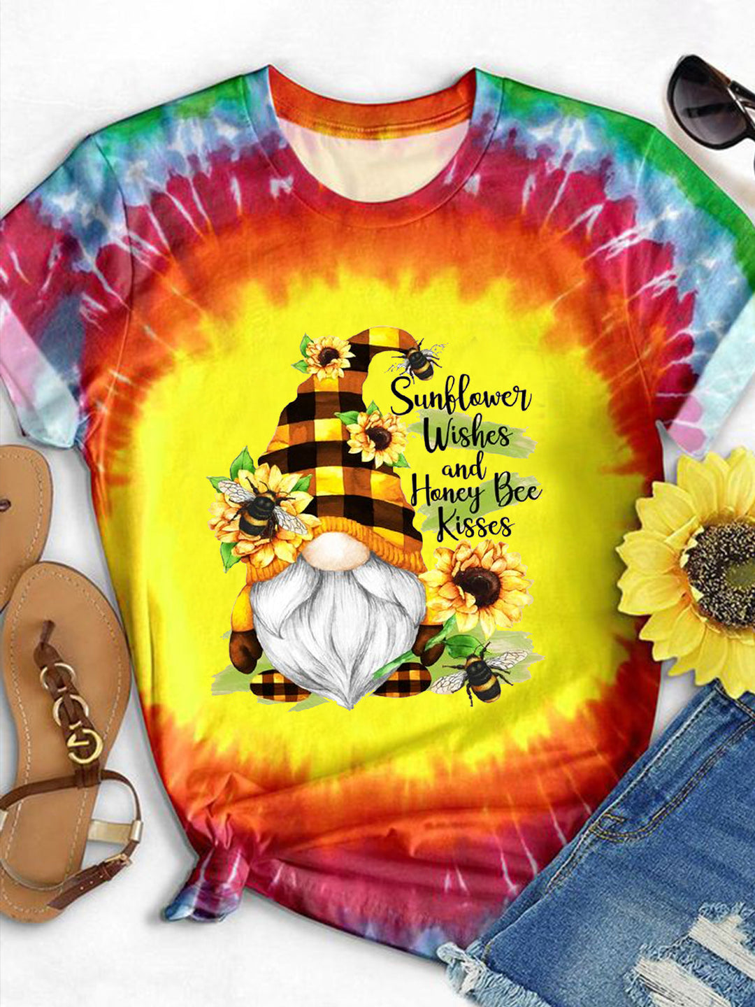 Women's Sunflower Gnome Bee Floral Tie Dye T-Shirt