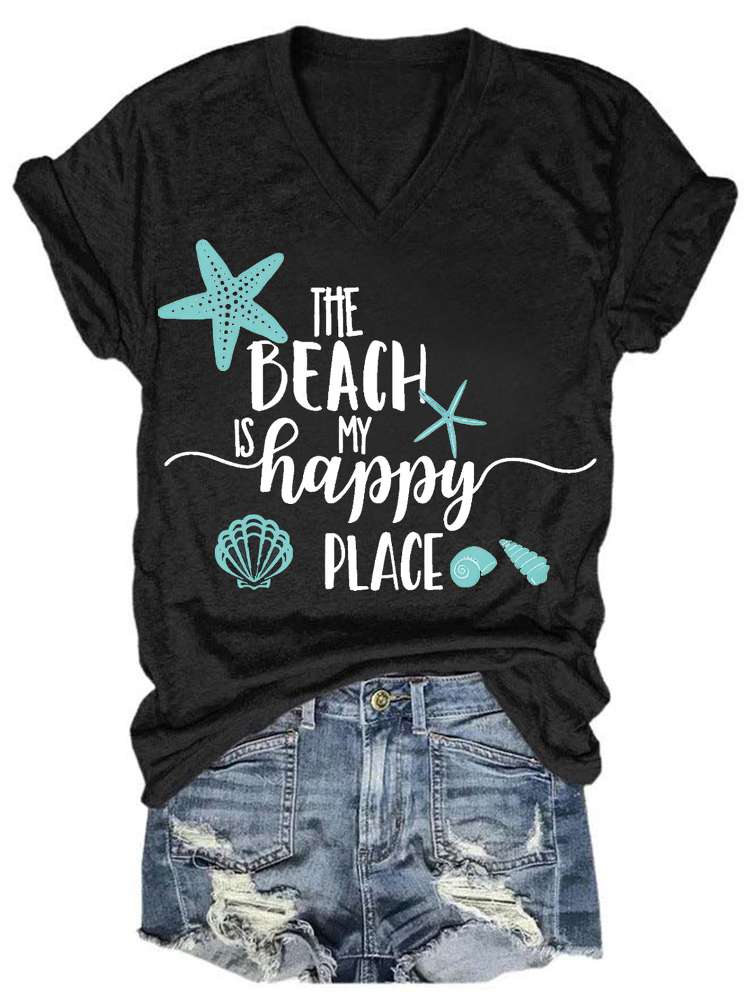 The Beach Is My Happy Place Tie Dye V Neck T-shirt