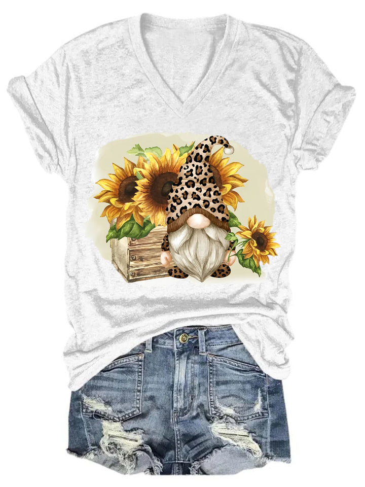 Sunflowers Leopard Gnome V Neck T-Shirt