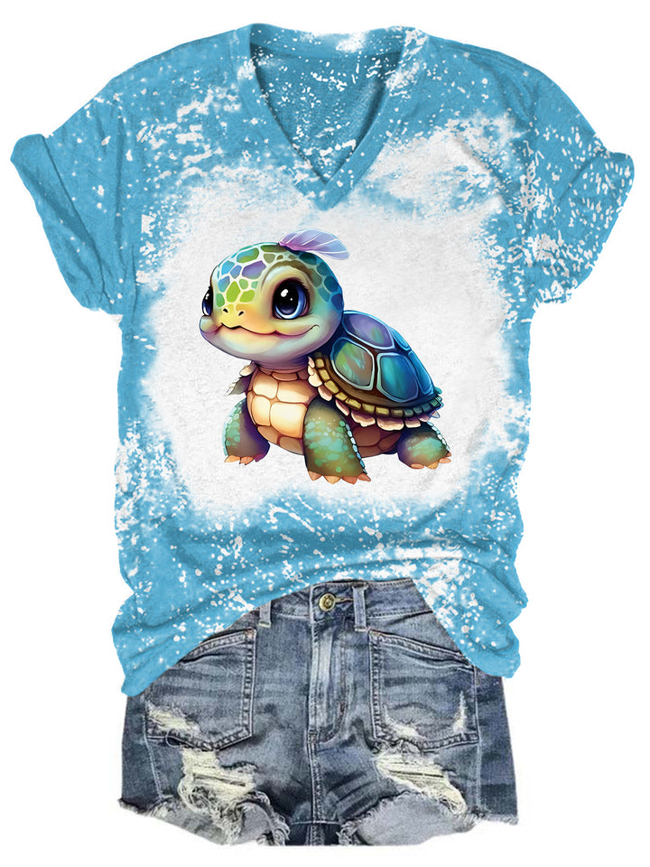 Sea Turtle Print Tie Dye V Neck T-shirt