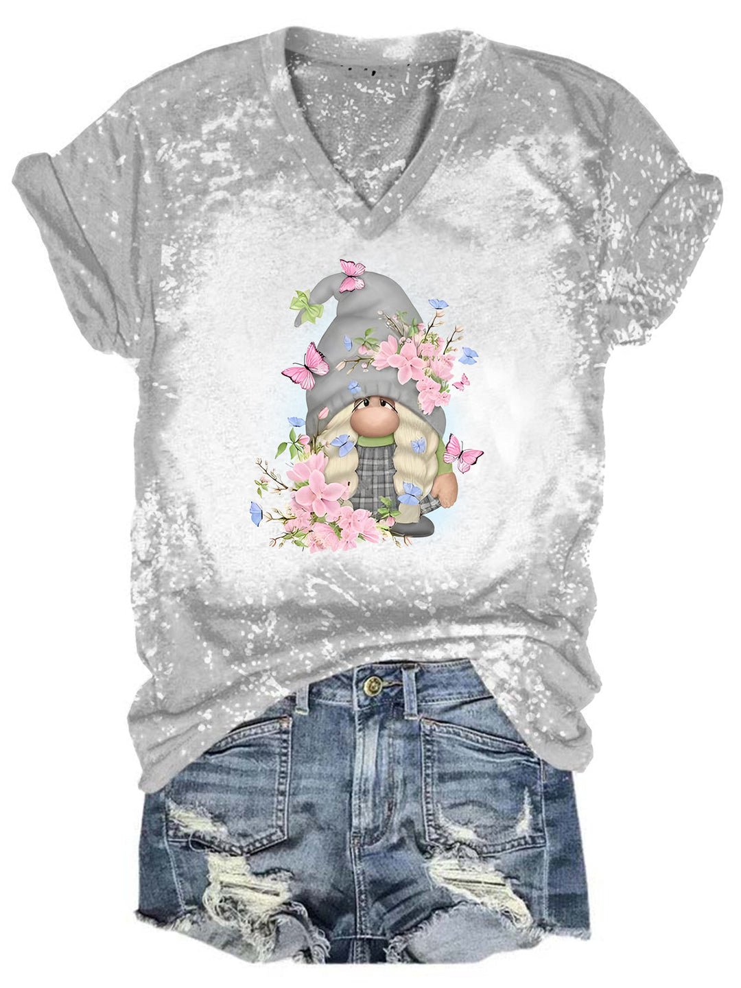 Floral Gnome Tie Dye V Neck T-shirt