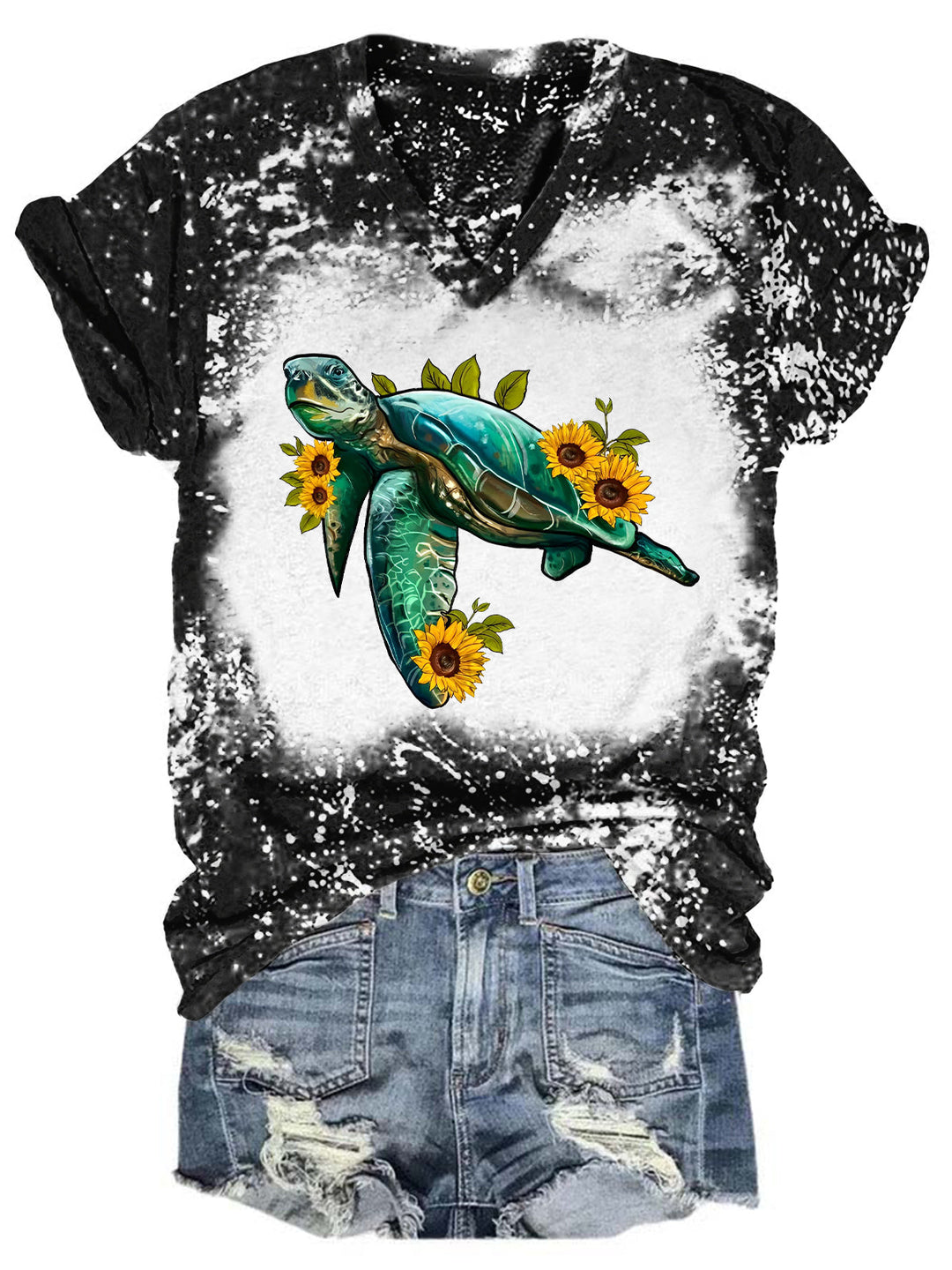 Sunflower Turtle Print Tie Dye V Neck T-shirt