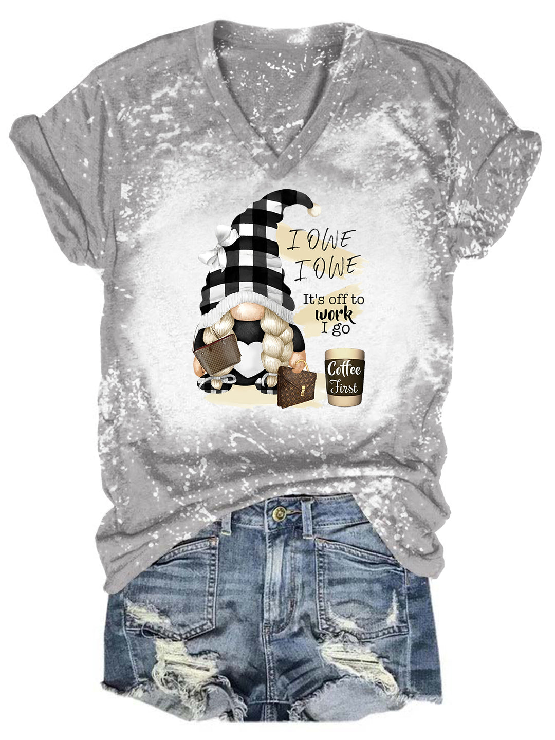 I Owe It's Off To Work  Coffee Gnome Tie Dye V Neck T-shirt