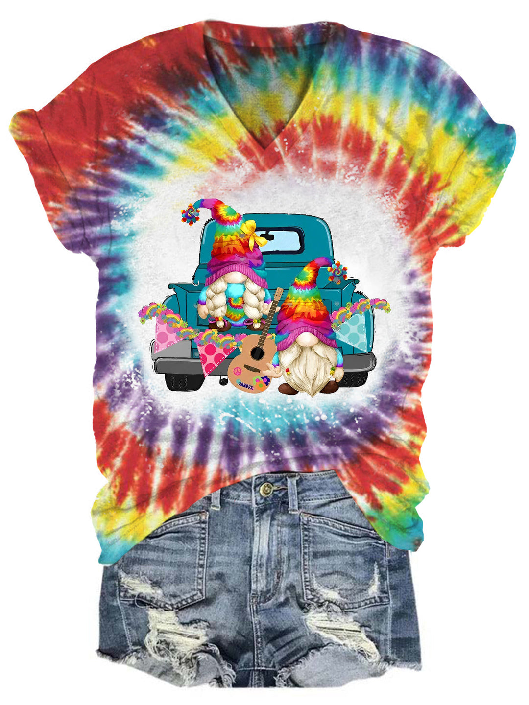 Women's Gnome Truck Hippie Tie Dye Print T-Shirt