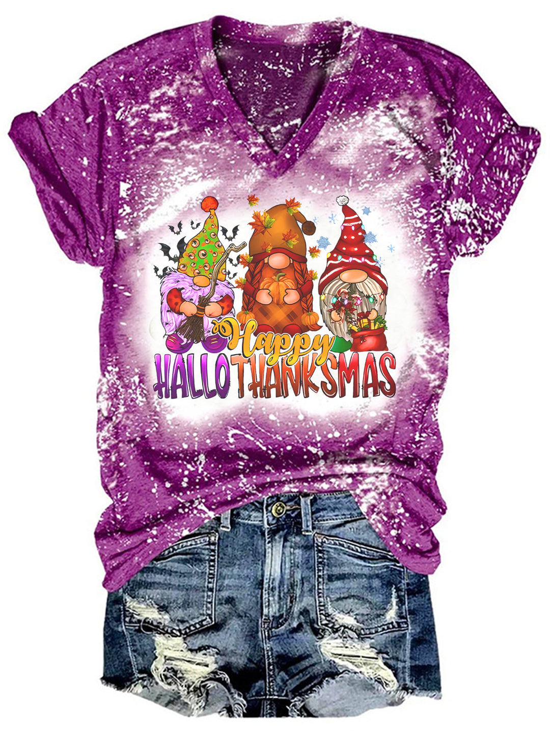 Happy Hallothanksmas Gnomes Print Tie Dye Shirt