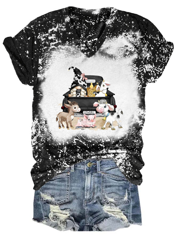 Cow Gnome With Farm Animals Tie Dye V Neck T-shirt