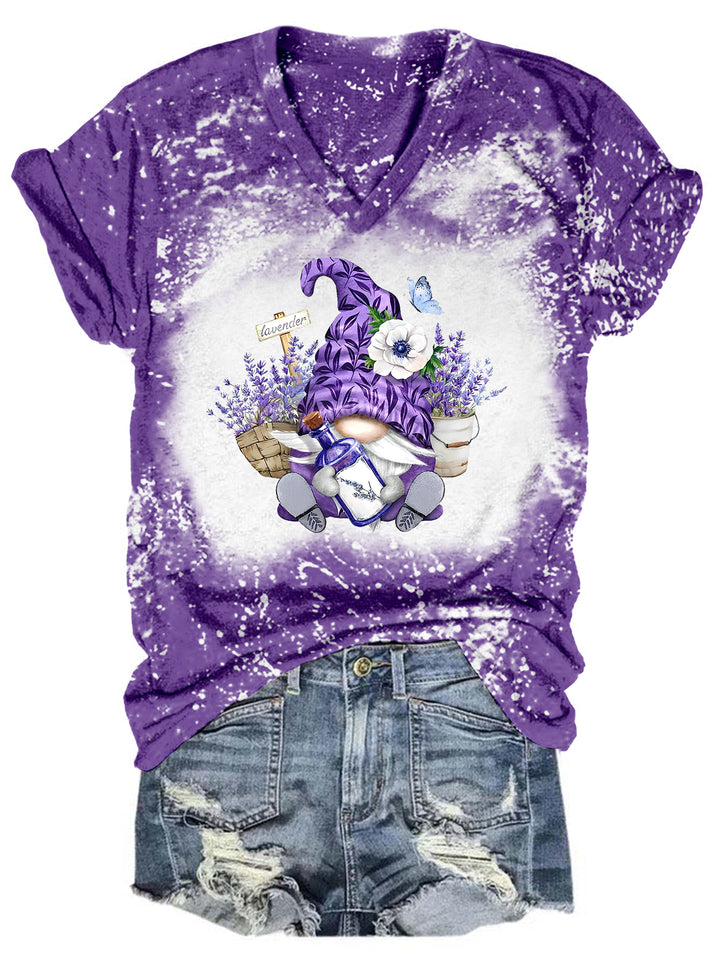 Lavender Garden Gnome Tie Dye V Neck T-shirt