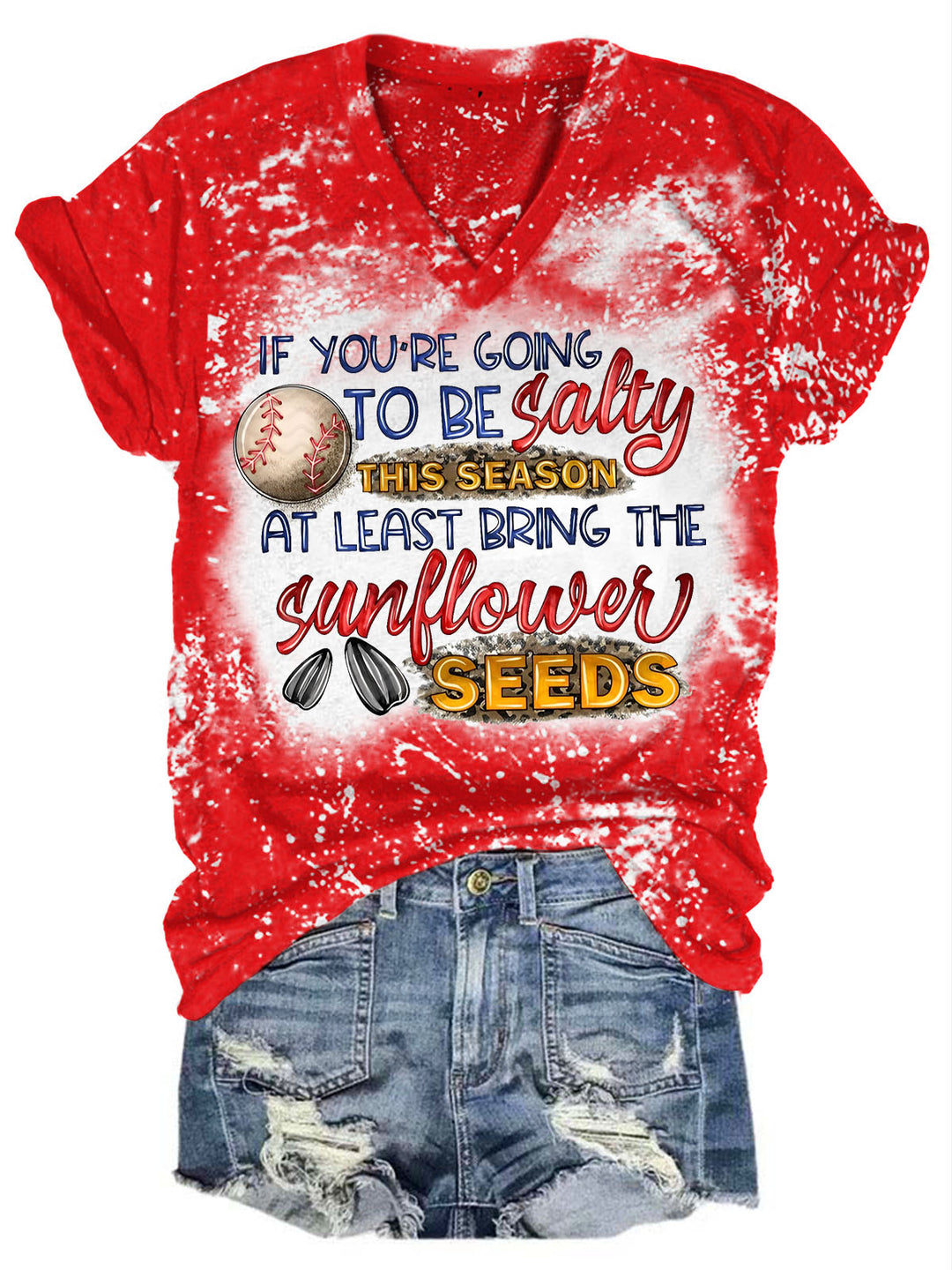 Salty Sunflower Seeds Baseball Print V-Neck T-Shirt