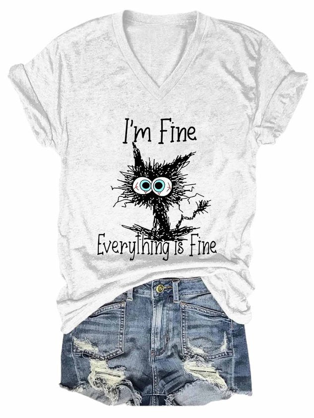 I Am Fine Everything Is Fine Cat Print Shirts&Tops