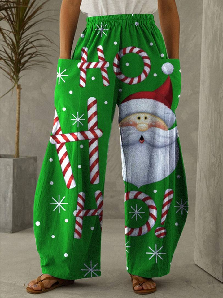Ho Ho Ho Christmas Santa Claus Print Vintage Pants