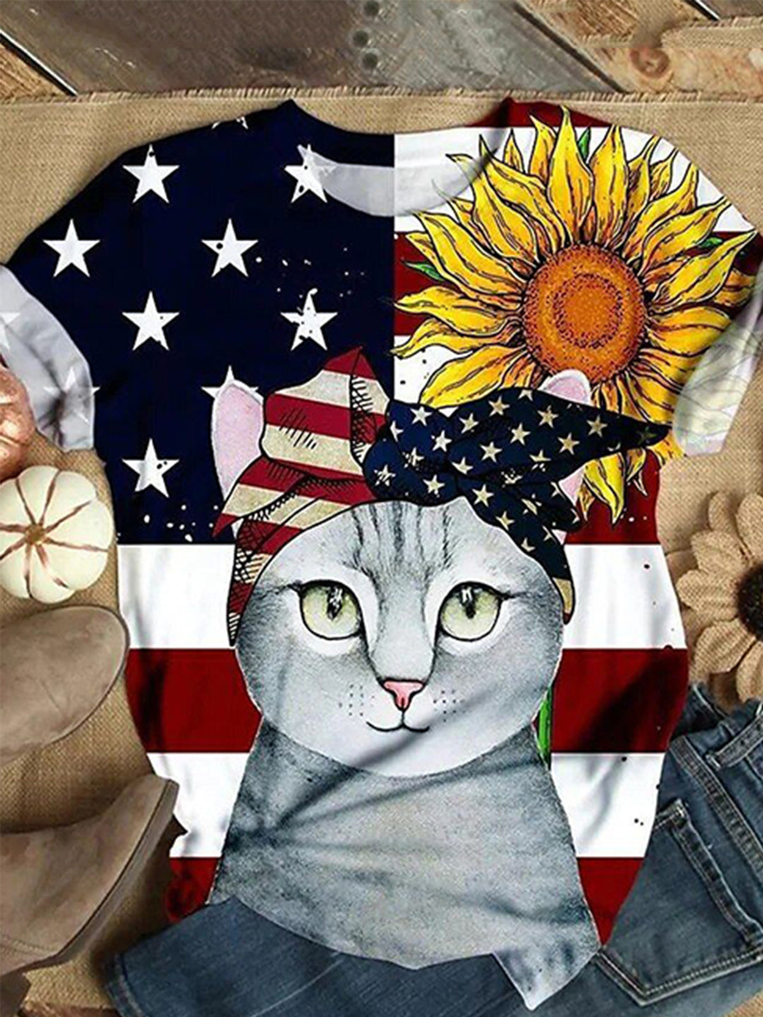 Cat Sunflower Flag Casual T-shirt