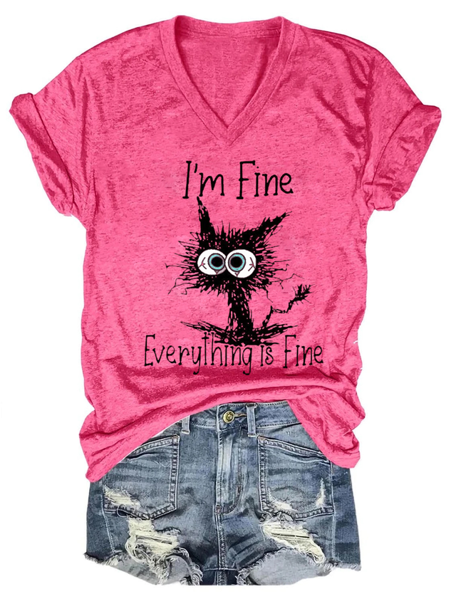 I Am Fine Everything Is Fine Cat Print Shirts&Tops